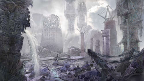 A detective standing amidst decaying, eldritch ruins under an ominous sky, inspired... 8K high definition wallpaper