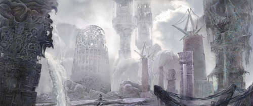 A detective standing amidst decaying, eldritch ruins under an ominous sky, inspired... UWUHD desktop wallpaper
