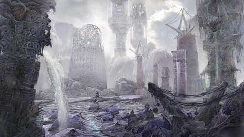 A detective standing amidst decaying, eldritch ruins under an ominous sky, inspired... 4K (Ultra HD) free background
