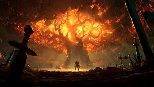 A warrior wielding a flaming sword standing between burning ancient trees in a dark,... 8K free background images