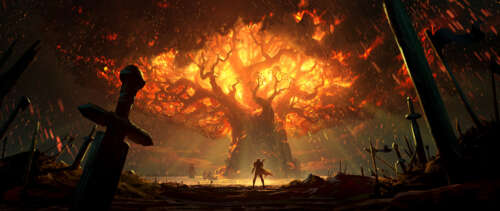 A warrior wielding a flaming sword standing between burning ancient trees in a dark,... UWUHD computer backgrounds