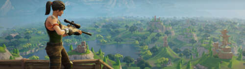 A stylized character from Fortnite ready for battle in a colorful environment. Dual UHD wallpaper