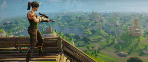 A stylized character from Fortnite ready for battle in a colorful environment. UWUHD wallpaper images