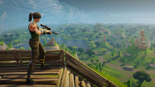 A stylized character from Fortnite ready for battle in a colorful environment. 4K (Ultra HD) free wallpaper