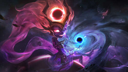 Zoe from League of Legends casting a powerful black hole spell in a cosmic setting. 8K wallpaper download