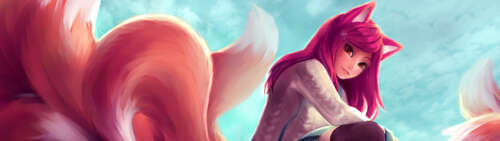 Ahri from League of Legends featuring fox ears, tails, a skirt, and thigh-high stockings. Dual UHD wallpaper for laptop download
