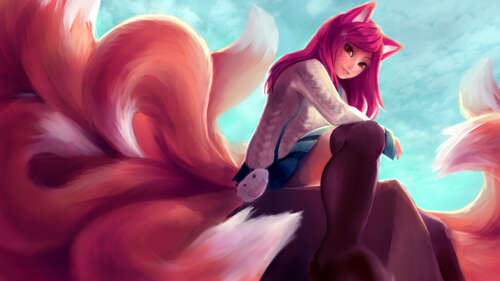 Ahri from League of Legends featuring fox ears, tails, a skirt, and thigh-high stockings. 8K wallpaper for laptop download
