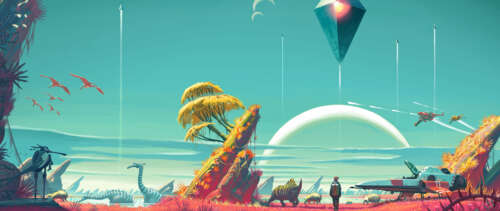 A sci-fi character known as a Traveler from No Man's Sky exploring a colorful, alien... UWUHD free wallpaper for computer