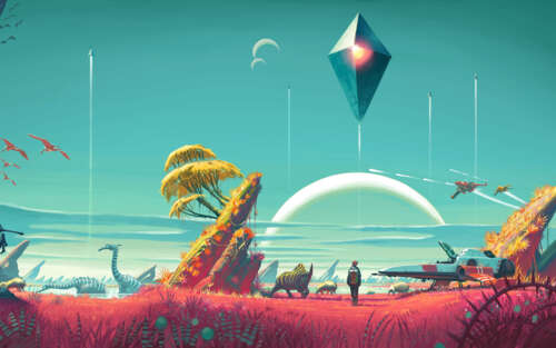 A sci-fi character known as a Traveler from No Man's Sky exploring a colorful, alien... 7680x4800 wallpaper for pc download