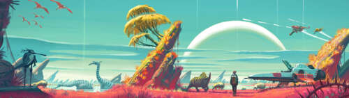 A sci-fi character known as a Traveler from No Man's Sky exploring a colorful, alien... Dual UHD hd background