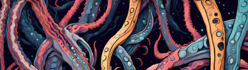 An abstract, dark, and cosmic horror depiction of Cthulhu featuring menacing tentacles... Dual UHD pictures for wallpaper