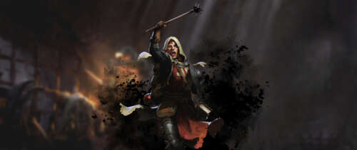 A dark fantasy character in heavy medieval armor standing in a dimly lit, stone dungeon... UWUHD wallpaper for pc download