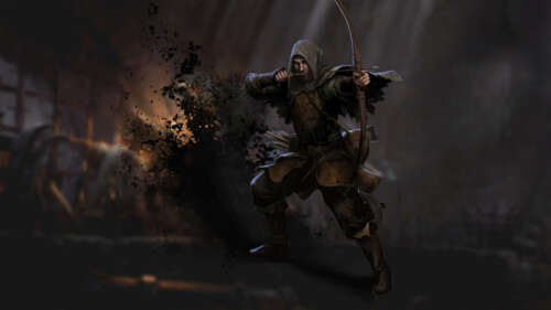 A dark fantasy warrior exploring a dimly lit, stone dungeon corridor inspired by... 8K computer backgrounds