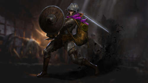 A heavily armored fantasy adventurer holding a lantern in a dark, stone dungeon corridor... 8K high definition wallpaper