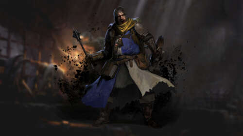 A dark fantasy character shrouded in shadows within a medieval dungeon setting. 8K free wallpaper