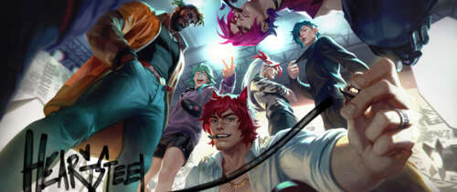 A group portrait of Ezreal, Sett, Kayn, and K'Sante from the League of Legends Heartsteel... UWUHD desktop wallpaper
