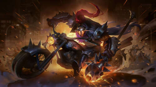 Jax from League of Legends standing next to a heavy motorcycle, blending fantasy... 8K desktop wallpaper