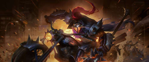 Jax from League of Legends standing next to a heavy motorcycle, blending fantasy... UWUHD free hd wallpapers