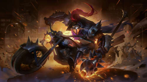 Jax from League of Legends standing next to a heavy motorcycle, blending fantasy... 4K (Ultra HD) wallpaper for pc download