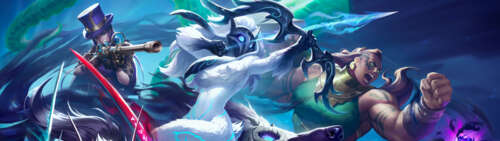 A stunning composition of League of Legends characters Yone, Kindred, and Illaoi. Dual UHD pictures for wallpaper