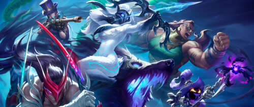 A stunning composition of League of Legends characters Yone, Kindred, and Illaoi. UWUHD wallpaper for laptop download
