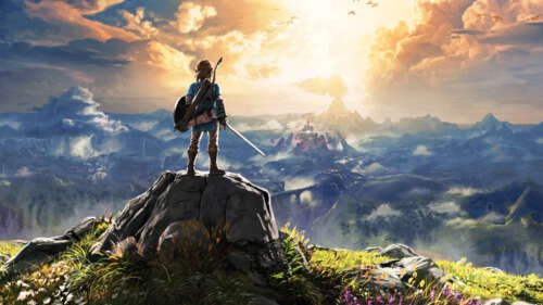 Link from The Legend of Zelda: Breath of the Wild surveying the vast landscapes of... 8K wallpaper
