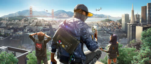 Marcus Holloway from Watch Dogs 2 standing in a city street UWUHD wallpaper for laptop download