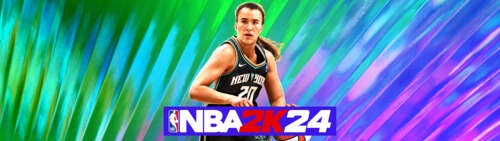A professional basketball player performing a dynamic move on a bright arena court,... Dual UHD computer backgrounds