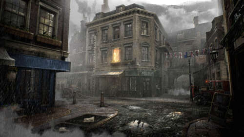 A dark, rainy street in London featuring a Victorian building, inspired by the video... 8K free wallpaper for computer