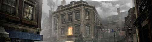 A dark, rainy street in London featuring a Victorian building, inspired by the video... Dual UHD free wallpaper for computer