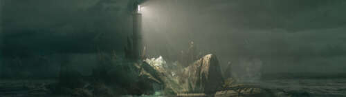 Sherlock Holmes standing near a lighthouse during a raging storm on a desolate island. Dual UHD wallpaper for laptop download