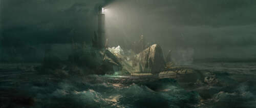 Sherlock Holmes standing near a lighthouse during a raging storm on a desolate island. UWUHD free wallpaper