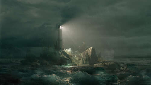 Sherlock Holmes standing near a lighthouse during a raging storm on a desolate island. 8K wallpaper for laptop download