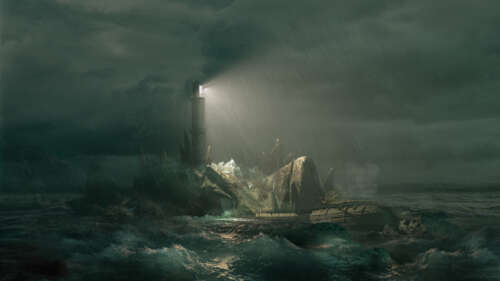 Sherlock Holmes standing near a lighthouse during a raging storm on a desolate island. 4K (Ultra HD) ps4 wallpaper
