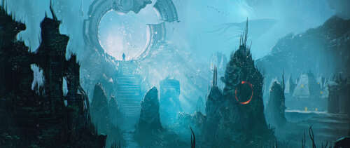Deep sea underwater view of ancient, decaying stone ruins in dark blue water, inspired... UWUHD wallpaper