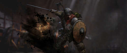 A battle-worn warrior standing in a dimly lit, damp stone dungeon, inspired by the... UWUHD wallpaper download