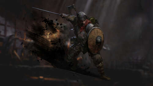 A battle-worn warrior standing in a dimly lit, damp stone dungeon, inspired by the... 8K ps4 wallpaper