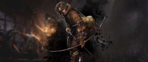 A hooded rogue with a weapon standing in a dimly lit, stone medieval dungeon. UWUHD free background