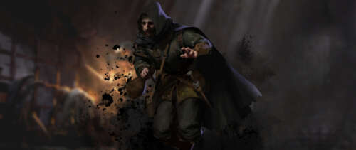 A grim warrior in heavy armor standing within a dark, torch-lit dungeon corridor... UWUHD free hd wallpapers