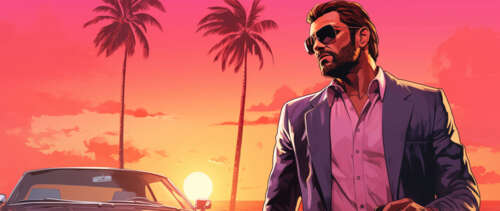 A character positioned within a sun-lit, tropical urban environment featuring palm... UWUHD wallpaper download