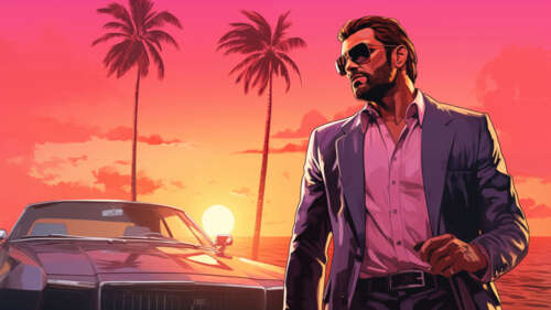 A character positioned within a sun-lit, tropical urban environment featuring palm... 4K (Ultra HD) desktop wallpaper