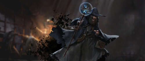 A dark fantasy wizard from Dark and Darker holding a glowing magical staff in a shadowy,... UWUHD wallpaper images