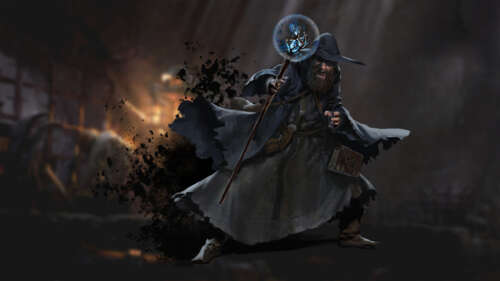 A dark fantasy wizard from Dark and Darker holding a glowing magical staff in a shadowy,... 8K free wallpaper for computer
