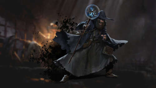 A dark fantasy wizard from Dark and Darker holding a glowing magical staff in a shadowy,... 4K (Ultra HD) computer backgrounds