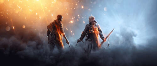 A soldier in WWI-era military uniform amidst the smoke and destruction of a war-torn... UWUHD wallpaper