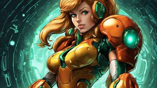 Samus Aran wearing her signature orange and red Power Suit from the Metroid video... 8K wallpaper images