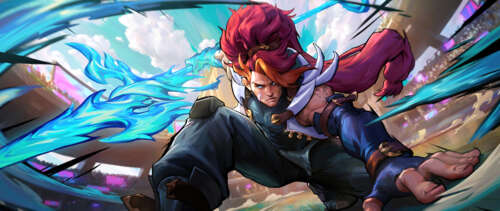 Xin Zhao from League of Legends wielding his spear in a powerful combat pose. UWUHD