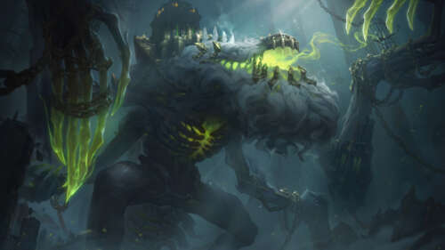 A highly detailed and imposing portrayal of Cho'gath from League of Legends, featuring... 4K (Ultra HD) free wallpaper for computer