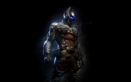 A portrait of Jason Todd, the Arkham Knight, featuring piercing glowing blue eyes... 7680x4800 wallpaper images