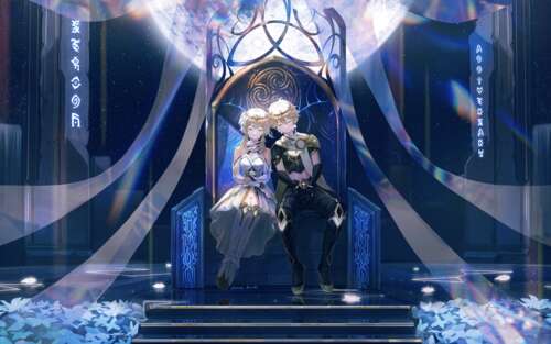 Aether and Lumine from Genshin Impact standing together. 7680x4800 wallpaper for pc download